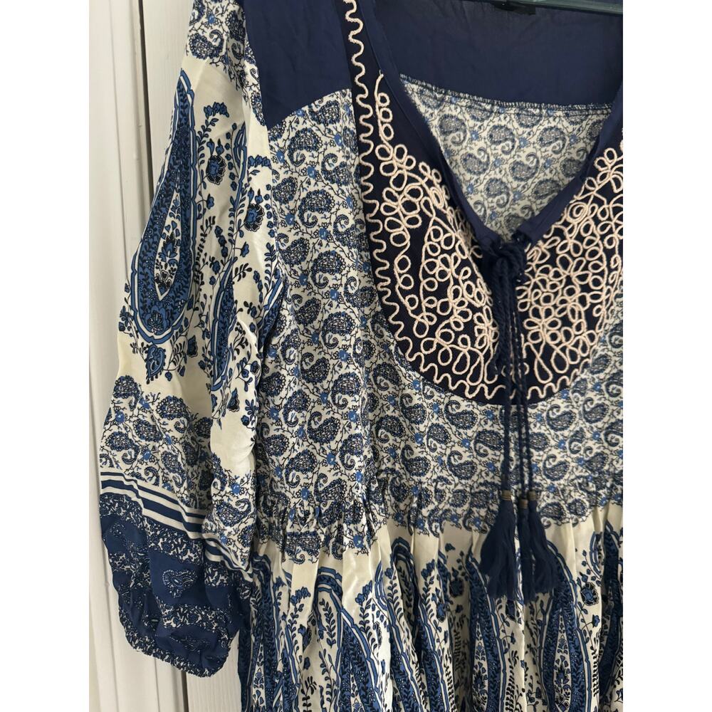 EN CREME Blue White Paisley Embroidered Boho Tunic Mini Dress Tassel Women's 1X - Picture 5 of 12